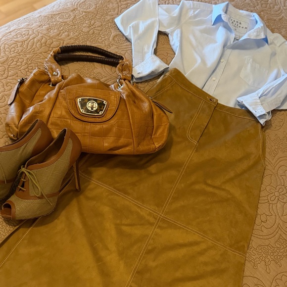 Staud Caramel Tan Poly Suede Retro Midi Maxi Pencil Column Skirt, Size 2 EUC - Picture 15 of 15